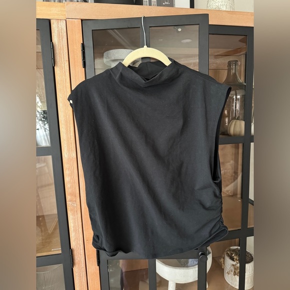 Quince mock neck top ruched Stretch Cotton Jersey Sleeveless tank cropped - Picture 2 of 9